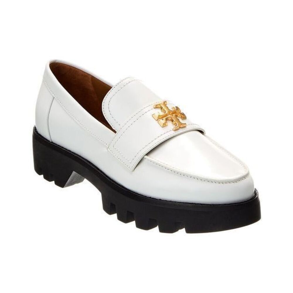Tory Burch White Leather Lug Sole Penny Loafer with Gold Logo